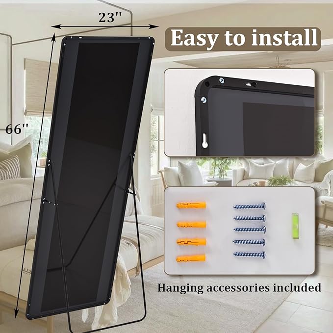 Round Corner Mirror Full Length, 66" x 23" Floor Mirror with Stand, Matte Aluminum Alloy Frame Full Body Mirror, Standing Hanging or Leaning for Bedroom and Living Room, Black