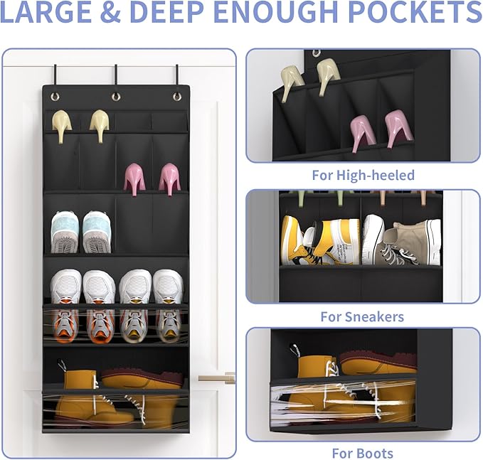 FENTEC 2 Pack Over the Door Shoe Organizer, Hanging Shoe Organizers with Large Pockets Shoe Holder Hanging Shoe Rack for Closet Shoe Organizer for Wall, Over Door Organizer with 30 Pockets, Black