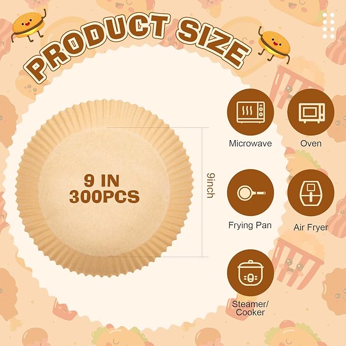 Honeydak 300 Pcs Air Fryer Disposable Paper Liner, Non-stick Air Fryer Liners, Round Parchment Paper for Cooking Baking Oil Proof Microwave Roasting Food Grade Easy Cleanup (9 Inch)