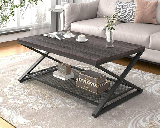 LVB Industrial Grey Coffee Table, 2 Tier Wood Metal Living Room Table, Wooden Rectangle Center Table with Storage, Farmhouse Low Cocktail Tea Table for Home Office Bedroom, Dark Gray Oak, 39 Inch