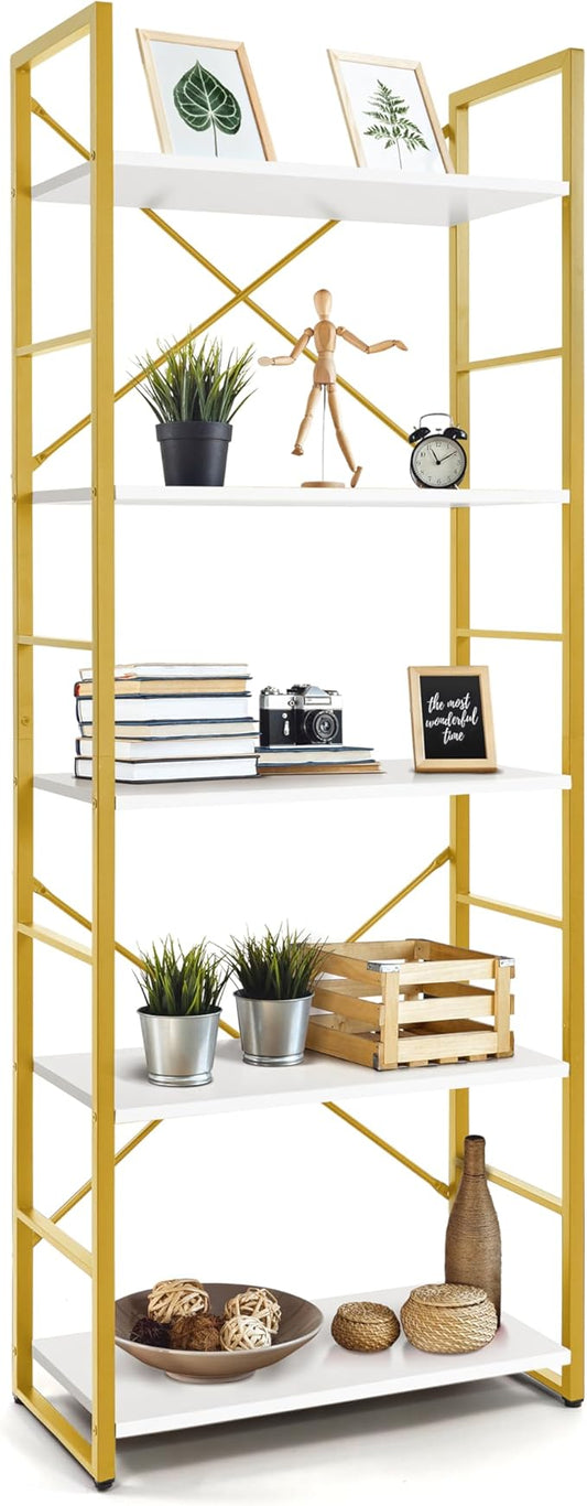 CAPHAUS 5 Tier Bookshelf, 24 Inch Width Free Standing Shelf, Bookcase Shelf Storage Organizer, Industrial Book Shelves for Home Office, Living Room, Kitchen, White Wooden Shelves & Gold Frame