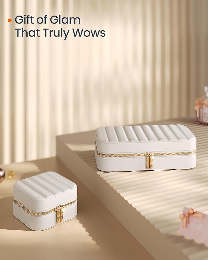 SONGMICS HOME Travel Jewelry Case, Small Jewelry Box Organizer with Mirror, 4.1 x 8 x 2.4 Inches, PU Surface with Stitching, Portable, Cloud White, ANAH Collection UJBC180W01