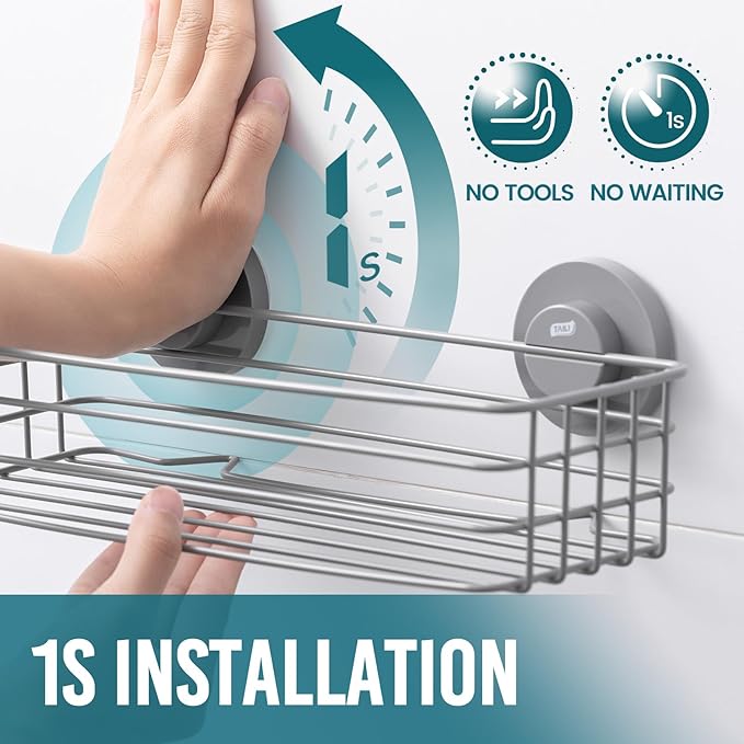 TAILI Shower Caddy Suction Cup 2 Pack with Hooks & Soap holder, Heavy Duty Shower Organizer for Bathroom, No Drilling Bathroom Organizer with Large Capacity, Metal Storage Basket-Grey