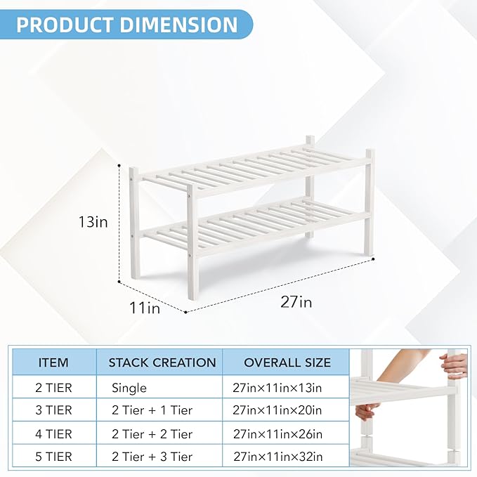 2 Tier Bamboo Shoe Rack Storage Organizer for Closet, Multifunctional Stackable Free Standing Shoe Shelf Organizer for Small Space,Entryway, Hallway, Bathroom27 x11 x13 (White, 2 Tier)