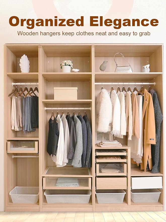 HOUSE DAY Walnut Wooden Hangers 30 Pack, Heavy Duty Wooden Coat Hanger for Closet, Solid Wood Hanger with Non Slip Pant Bar, Smooth Finish Wood Clothes Hangers for Shirts, Suits Jackets, Dress