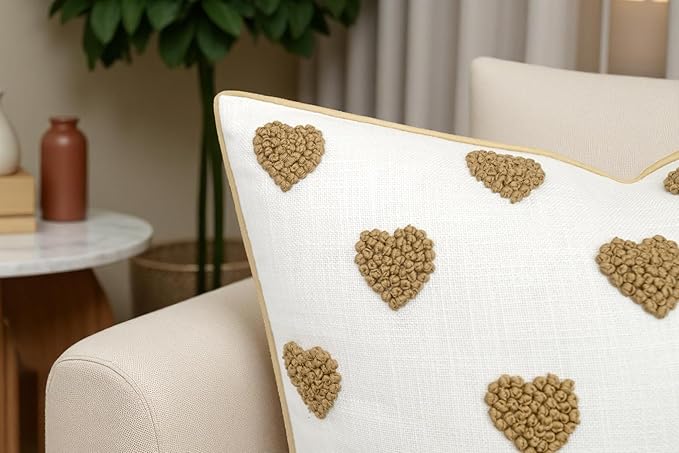 VAGMINE Hand Embroidered French Knotted Hearts Pillow Cover - 18x18 Inches Square - 100% Cotton Off-White Decorative Cushion Cover - Romantic Gift for Couples - Valentine’s Bedroom Décor