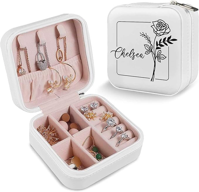 Personalized Travel Jewelry Organizer with Birth Flower and Name, Custom Jewelry Box, Personalized Gifts for Women, Girls, Mother, Wife, Bridesmaid, Custom Gifts for Birthday, Wedding, Anniversary