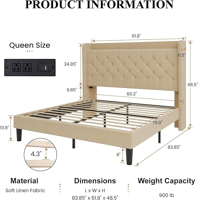SHA CERLIN Queen Size Platform Bed Frame with Charging Station, Velvet Wingback Headboard with Storage Shelf, Wooden Slats Support, Ample Under-Bed Space, No Box Spring Needed, Easy Assembly, Beige