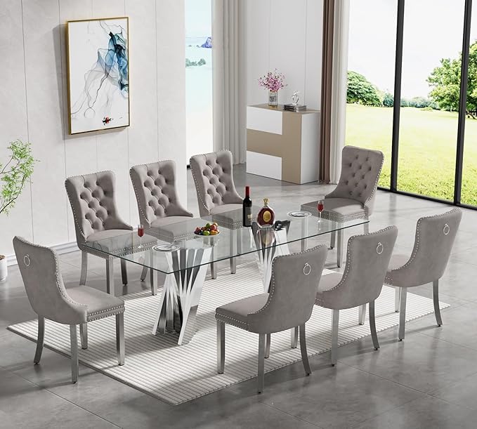 Goujxcy 70" Glass Dining Table Set for 8, Modern Silver Dining Table Set with 8 Grey Velvet Upholstered Dining Chairs, 9 Piece Kitchen Dining Room Table Set with Stainless Steel Legs