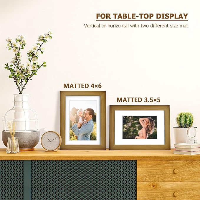KINLINK 5x7 Picture Frame Brown, Solid Wood Frames with Acrylic Plexiglass for 3.5x5/4x6 with Mat or 5x7 without Mat, Tabletop and Wall Display Photo Frame Set of 4