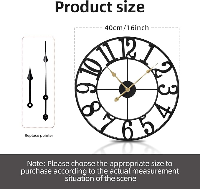 Wall Clock Battery Operated,Silent Non Ticking Modern Rustic Metal Small Clocks for Living Room/Bedroom/Office/Kitchen/Farmhouse Home Decor-16IN(Arabic Number-Black)