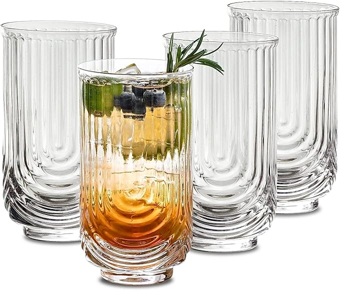 INSETLAN Vintage Glassware Arch Design Glass cups Set of 4, Fashioned Ripple Glassware Highball Glass, Classic Transparent Cocktail Glasses, for Bar Beverages Ice Coffee Juice Water (4pcs-L)