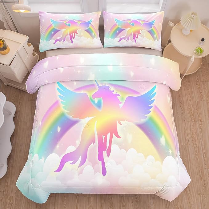 Tailor Shop Unicorn Girls Comforter Sets Queen Size,Unicorn Pink Bedding Sets for Girls Kids Teens with 2 Pillowcase……