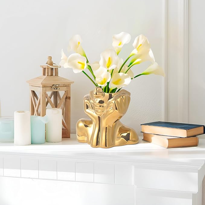 Gold Ceramic Human Face Decorative Vase - Shy Posture Modern Art Desktop Display for Bookshelf, Living Room, Office, Bedroom