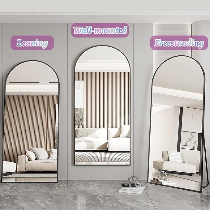 Full Length Mirror, 76"x44" Oversized Floor Mirror Freestanding, Full Body Mirror Floor Standing Mirrors with Stand, Hanging Mounted Mirrors for Bedroom Living Room, Black, Arched Style