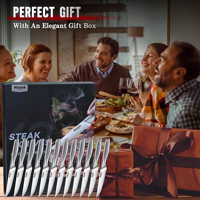 Huusk Serrated Steak Knives Set, 4.5" Japanese Stainless Steel Steak Knives Set of 12, Sharp Dishwasher Safe Dinner Knife for Kitchen Table, Gifts for Men