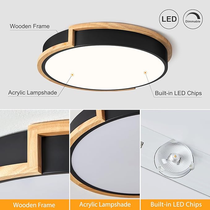 Dimmable Wood Flush Mount Ceiling Lights, Modern LED Black 5CCT 2700K-6000K Lighting Fixtures, Round Ceiling Lamp for Kitchen Living Room Dining Room Bedroom, 15.8in