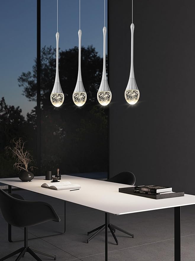 Dining Room Light Fixture 4-Light Silver Kitchen Island Lighting Industrial Linear Crystal Chandeliers for Dining Room Pendant Light Fixture for Living Room Hallway Bedroom