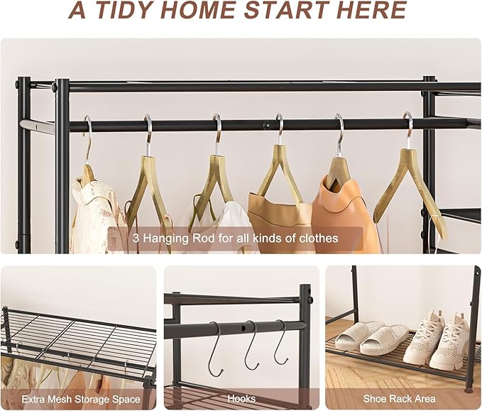 Portable Closets for Hanging Clothes, Freestanding Clothing Rack with 3 Hang Rods & 5 Shelves, Metal Wardrobe Garment Rack for Bedrooms Entrances