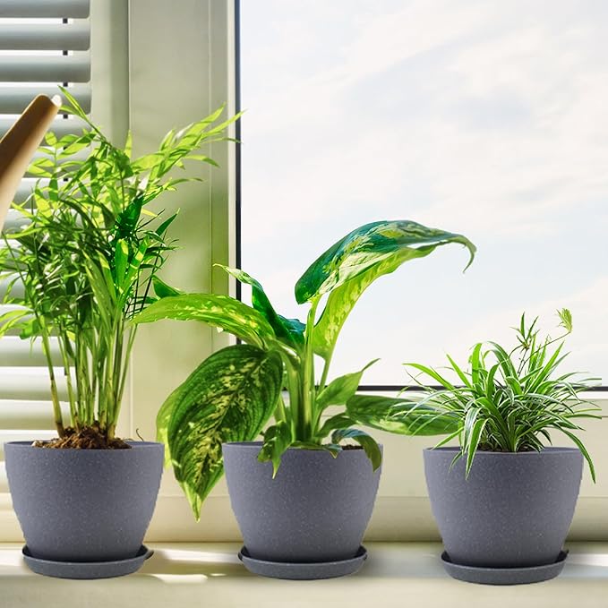 Plant Pots- 8.5/7.5/6.5/6 Inches 4 Pack Plastic Plant Pots,Indoor Decor Flower Pots with Drainage Holes and Tray,Home Decor Planters for Indoor Plants Cactus, Succulents Pot