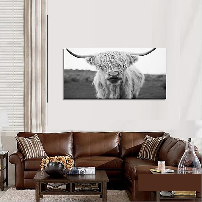 XXMWallArt FC3675 Highland Cow Canvas Art - Black and White Animal Wall Art for Living Room, Bedroom, Office Wall Decor