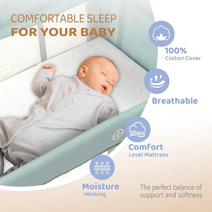 JOYMOR Baby Bassinet, Pack and Play with Bassinet and Carry Bag, Convert to Bedside Sleeper with Toy, Wheels for Boys Girls (Green)