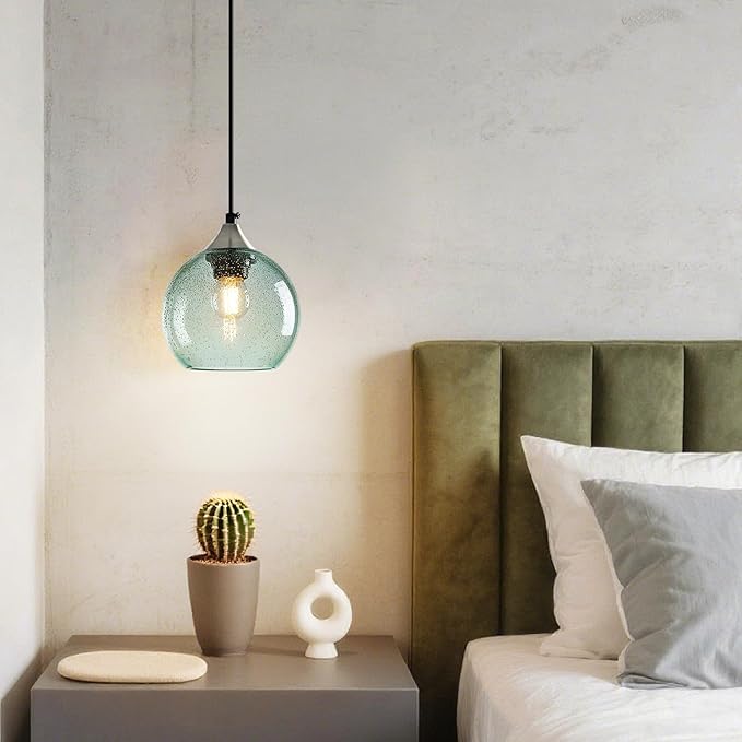 Light Green Glass Pendant Lights Kitchen Island Globe Pendant Light Fixtures Modern Pendant Lighting for Bedroom Living Dining Room Light Fixture (5.9 in, 3 Pack)