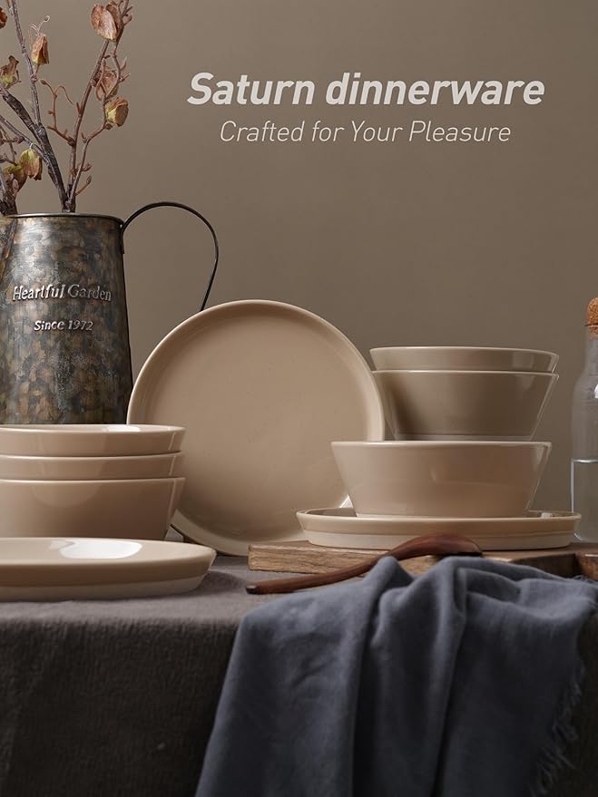 Famiware Saturn Speckled Dinnerware Sets for 4 (12 Pieces), Stoneware Plates and Bowls Dish Set - Chip and Scratch Resistant, Microwave and Dishwasher Safe, Cinnamon Brown