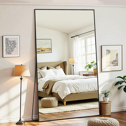 Full Length Mirror, 86"x46" Oversized Floor Mirror Freestanding, Full Body Mirror Floor Standing Mirrors with Stand, Hanging Mounted Mirrors for Bedroom Living Room, Black, Rect Style