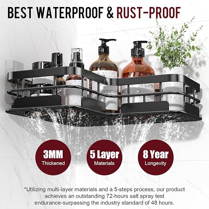 Large Capacity Shower Caddy, Heavy-Duty Adhesive Shower Organizers with Custom Aesthetic Design Soap, No Drilling Corner Shower Shelves, 5 Hooks for Bathroom Accessories - 3 Pack