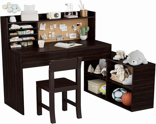 Wooden Kids Desk and Chair Set, 2 Drawers and Remove Storage 4 Cabinets, Children Study Desk with Hutch and Shelves, Boys & Girls Study Desks for Kids Bedroom (Espresso)-7Cp1CF