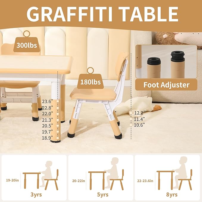 Toddler Table and Chairs, Kids Table and 4 Chairs Set with Graffiti Desktop, Height-Adjustable Kids Study Table for Boys and Girls Aged 3-8, Max 300lbs