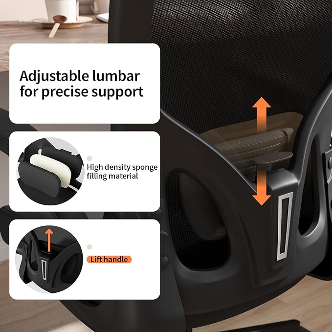 Monhey Office Chair Ergonomic Desk Chair with Lumbar Support&Headrest&Flip-up Arms Height Adjustable Rocking Swivel High Back Computer Chair Black Mesh Study Chair (03All Black)