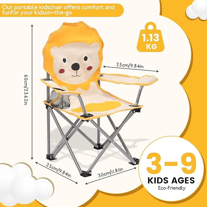 XMT Kids Folding Chair with Cup Holder - Portable Lightweight Outdoor & Indoor Chair for Children Ages 3-9, Anti-Slip Base, Sturdy Metal Frame, Compact Foldable Design with Carry Bag (Yellow/Brown)