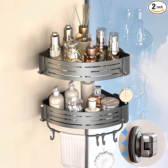Onemake Corner Shower Caddy with Suction Cups, 2-Pack Removable Aluminum Wall Mounted Organizer Shelves Storage Rack with Towel Bar Portable Hook for Bathroom, Grey