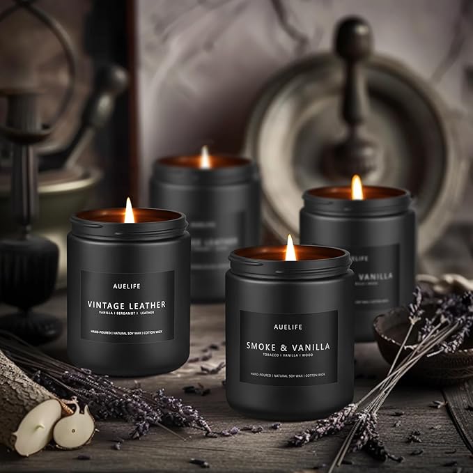 2 Pack Men Candles | Smoke & Vanilla + Vintage Leather - Scented Candles for Men - Masculines Candle - Soy Candle for Home Scented, Man Gifts, Black Jar - 7oz