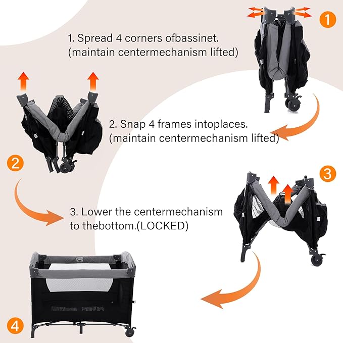 5 in 1 Baby Crib,Bedside Sleeper Bassinet,Pack and Play with Bassinet and Changing Table,Portable Travel Playpen Music Box,Portable Travel Crib for Infant Newborn (Black Gray)