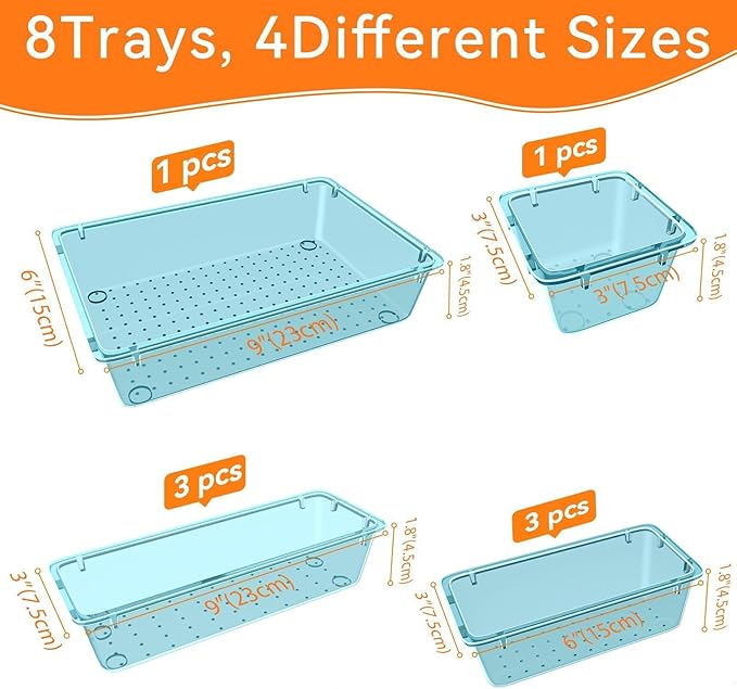 WOWBOX 8 PCS Plastic Drawer Organizer Set, 4 Sizes Desk Drawer Organization and Storage Containers for Makeup, Cosmetics, Jewelry and Gadgets in Kitchen, Bathroom, Bedroom, Office, Clear Sea Blue