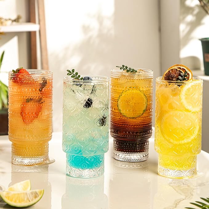 Drinking Glasses Set of 4, 16oz Textured Flower Design Cocktail Glasses, Stackable Old Fashioned Glass Cups, Vintage Glassware for a baby Shower Wedding for Kitchen and Bar - Dishwasher Clear