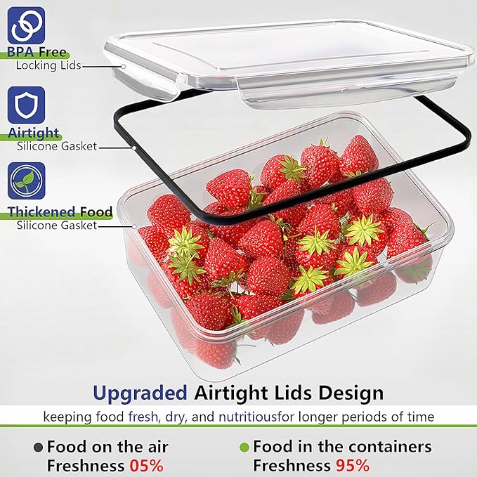 44 PCS Food Storage Containers with Lids Airtight, BPA Free Plastic Meal Prep Containers Reusable, Microwave/Freezer/Dishwasher Safe Leakproof Fruit Vegetables Containers for Kitchen(Black)