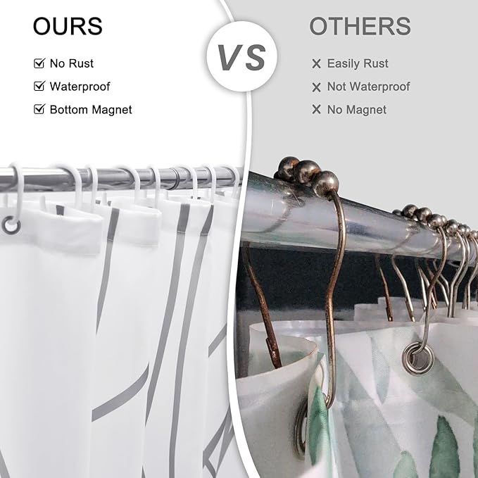 Punkray Grey and White Striped Polyester Shower Curtain for Bathroom with Hooks, Waterproof Bath Accessories Hotel Style - Machine Washable 84 x 72