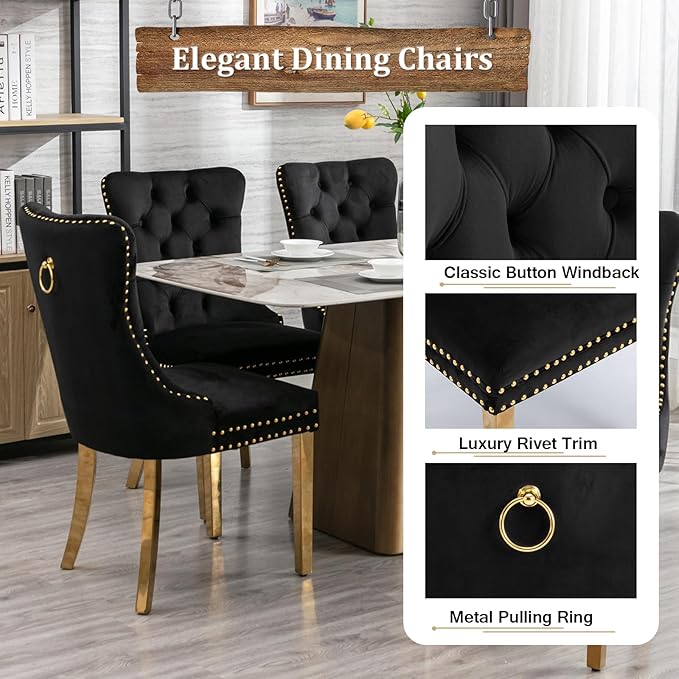 7 Piece Dining Table Set with 6 Black Dining Chairs, Modern Glass Kitchen Table and Chairs Set for 6, 70" Rectangle Gold Glass Pedestal Dining Room Tables with Ring-Shape Stainless Steel Base
