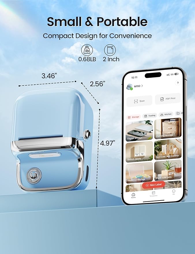 Phomemo Label Maker, M150 2 Inch Mini Label Maker Machine with Tape, Bluetooth Thermal Sticker Printer for Home, Office, School and Small Business, Comaptible with Phone & PC