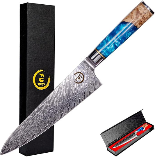 Chef Knife 8 inch, Damascus Chef Knife VG10 Core Steel with 66-Layers High Carbon Professional Sharp Chefs Knife 8" Blade Ergonomic Beautiful Blue Resin Handle Gift Boxed