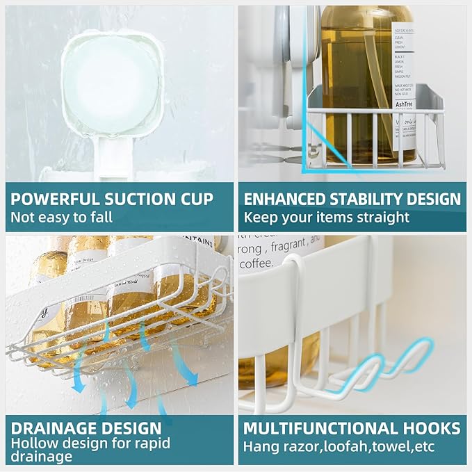 TAILI Shower Caddy Suction Cup 3 Pack, Stainless Steel Rustproof Shelves with Soap Holder Set, Drill-Free Wall Mounted Basket, Heavy Duty Removable Bathroom Organizers & Home Decor, White