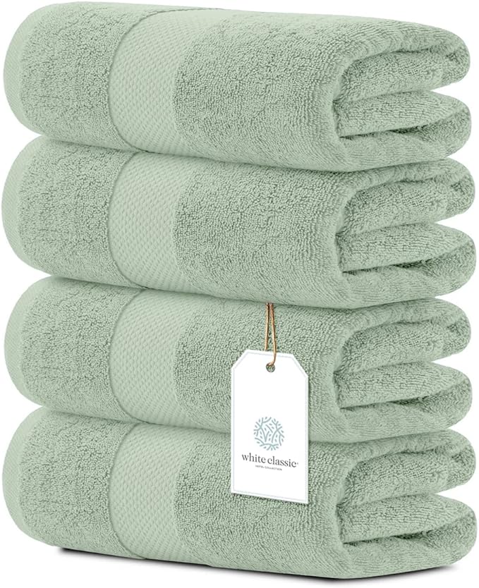 White Classic Luxury Bath Towels Set of 4 Large - 700 GSM Cotton Ultra Soft Bath Towels 27x54 | Highly Absorbent and Quick Dry | Hotel Towels for Bathroom Luxury, Plush Sage Green Bath Towels