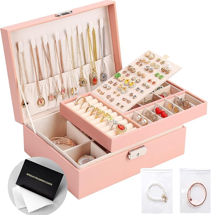 Jewelry Organizer Box, Leather Jewelry Box for Girls Gift Earring Organizer with Lock Double Layers Jewelry Case Removable Tray for Necklace Earring Ring with Polishing Cloth and Jewelry Bags