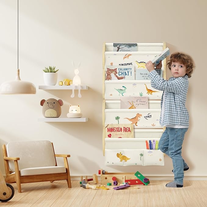 Wooden Wall Mounted Bookshelf for Kids Rooms, 4 Tier Floating Nursery Book Shelf, Kids Bookshelf with 2 Pockets, Toddler Sling Book Rack with Deep Sleeves (Dinosaur)