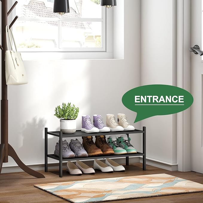 2-Tier Black Bamboo Shoe Rack, Stackable Bamboo Wood Shoe Rack for Closet, Entryway & Hallway