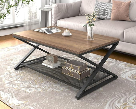 LVB Wood Coffee Table, Metal Wooden Living Room Table with Storage, Industrial 2 Tier Cocktail Tea Table with Mesh Shelf, Farmhouse Rectangular Low Middle Tables for Office Bedroom, 39 inch Rustic Oak